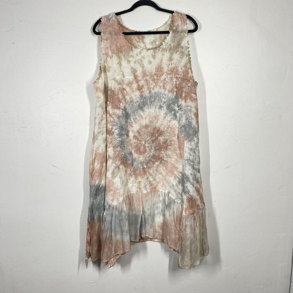 Vasna Dress Womens 3X Multicolor Tie Dye Linen Silk Midi Boho Sundress Italy